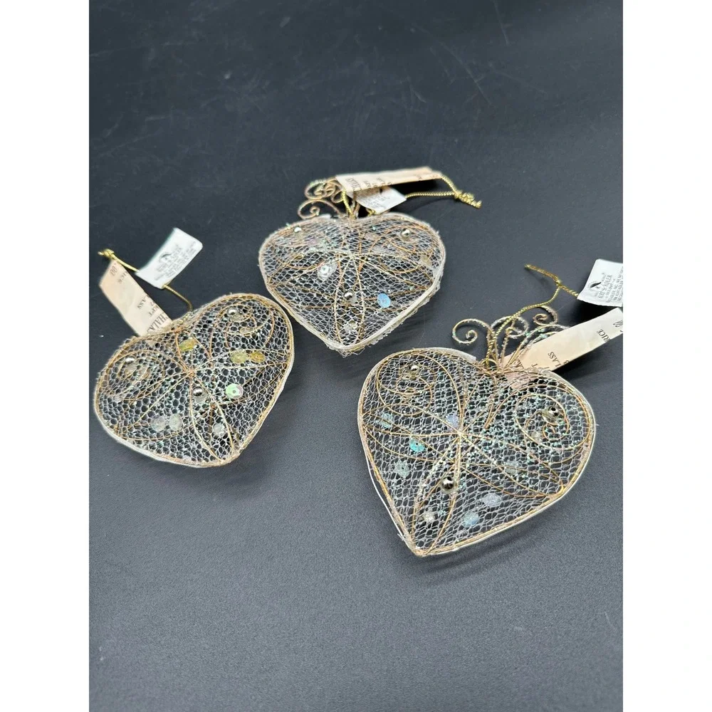 Vintage Gold Wire Mesh Heart Christmas Ornaments Kurt Adler Sequin NEW With Tags
